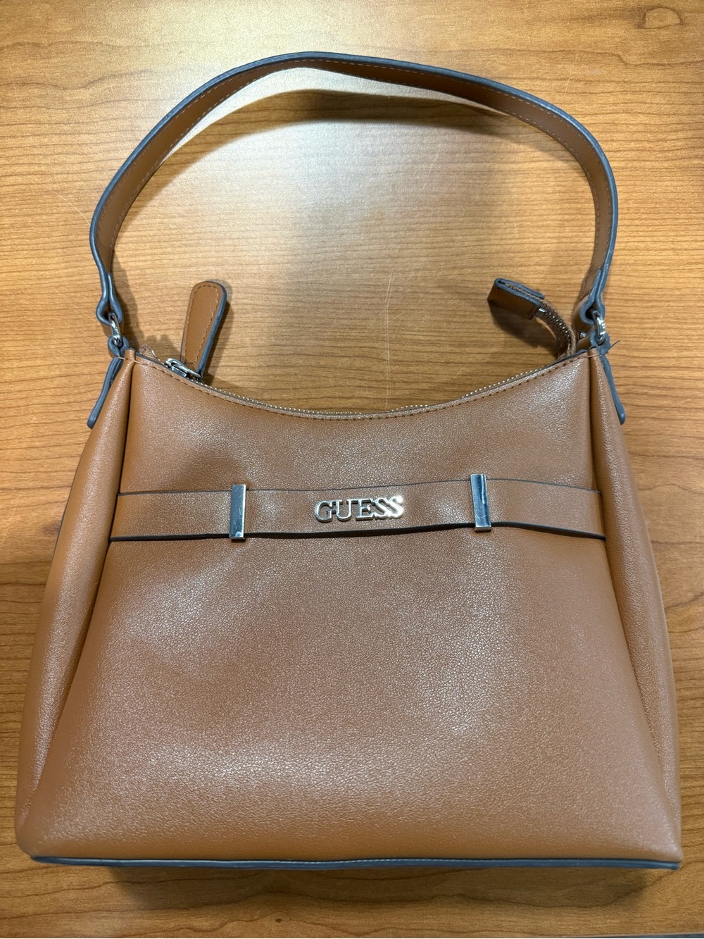 GUESS Tan Shoulder Bag with Silver Logo Accent